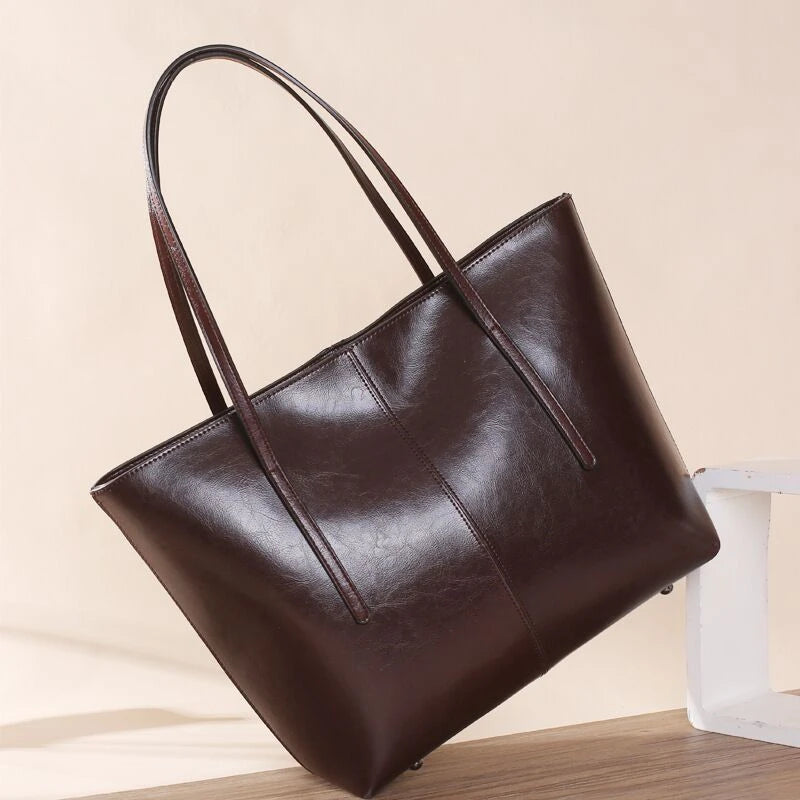 Genuine Leather - Women's Trendy A4-size Shoulder Bag for Laptop - Shopping